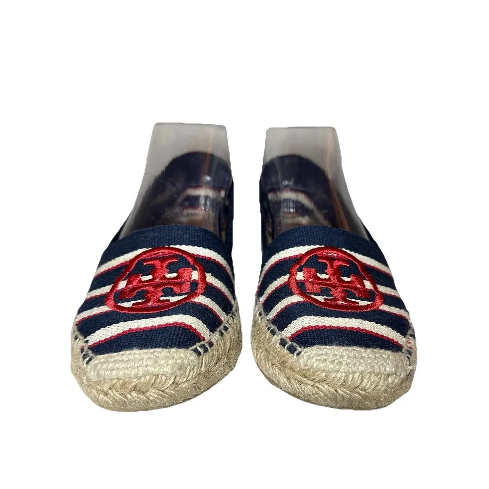 Tory Burch Womens SIZE 6 Striped Canvas Espadrilles Slip On Shoes Blue Red Beige